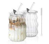 KEMORELA Tazas de café de vidrio, vasos de vidrio acanalado de 530 ml con tapas y popotes, vasos únicos para café helado, tazas onduladas ideales con popotes, estética de burbujas, vasos acanalados