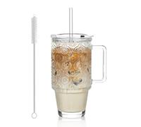 KEMORELA Vaso de vidrio de 24 onzas con popote y tapa, tazas de café helado con tapas, taza de batidos con asa, cristalería con patrón de begonia para bebidas frías, vaso reutilizable para bebidas
