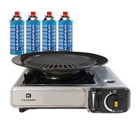 KEMPER - Barbacoa Grill 2 en 1 estufa de gas piezoeléctrico 2200 W + placa grill + 4 cartuchos de gas Butano Camping