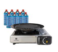 KEMPER - Barbacoa Grill 2 en 1 estufa de gas piezoeléctrico 2200 W + placa grill + 8 cartuchos de gas Butane Camping