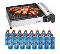 KEMPER - Barbacoa portátil de gas 1900 W Rejilla antiadherente + bolsa de transporte + kit 16 cartuchos Butane Piézo Bandeja recuperadora