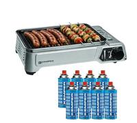 KEMPER - Barbacoa portátil de gas, 1900 W, revestimiento antiadherente + 8 cartuchos de gas butano, pequeña barbacoa de gas, ideal para camping, terraza, exterior