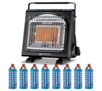 KEMPER - Calefacción de gas portátil de 1700 W, sistemas de seguridad integrados + 8 cartuchos de gas Butano, Autonomía 2:30