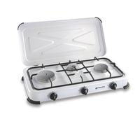 Kemper Cocina de gas butano/propano 3 quemadores 600x340 mm, esmaltada blanca, 1.4/1.2/0.85 kW, con tapa y parrilla extraíble