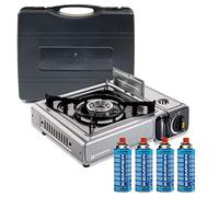 KEMPER - Hornillo de gas Nomade INOX 2200 W + 4 cartuchos de gas encendido piezo seguridad inserto gas