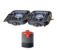 KEMPER - Hornillo de gas plegable con 2 luces 4600 W de acero inoxidable + cartucho de gas 7/16"