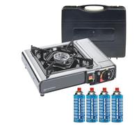 KEMPER - Hornillo de gas portátil 2200W INOX + 4 cartuchos de gas + maletín de transporte - cocina exterior, camping, van, trekking
