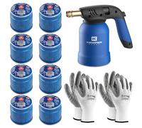 Kemper - Lámpara para soldar + 8 bombonas de gas butano seguro + 2 guantes de regalo | Soplete de encendido profesional para bricolaje, barbacoa, deshierba, soldaduras ligeras