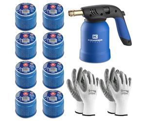 Kemper - Lámpara para soldar + 8 bombonas de gas butano seguro + 2 guantes de regalo | Soplete de encendido profesional para bricolaje, barbacoa, deshierba, soldaduras ligeras