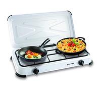 KEMPER - Placa de cocción de gas, 2 luces portátil, 2600 W, tapa extraíble, color blanco - Hornillo para camping, conexión de botella de gas Butano/propano simple y segura