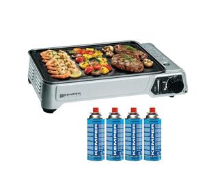 KEMPER - Plancha de gas portátil, 2300 W, antiadherente, con 4 cartuchos de camping gas y maletín de transporte