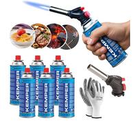 Kemper - Soplete de gas, soplete de cocina, caramelizador + recarga de gas butano de 227 g, multifunción + guantes de regalo (6 butano + canel)