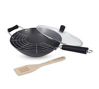 Ken Hom Wok Set 4 Piezas Acero Carbono Antiadherente, 31cm, Excellence, Sartén de Inducción/Compatible con Herramientas Metálicas, Apto Para Lavavajillas, 5 Años de Garantía