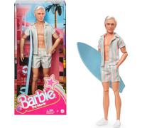Ken Muñeco de la película de Barbie con conjunto de playa a rayas rosa y verde pastel, tabla de surf y zapatillas blancas, JBJ54