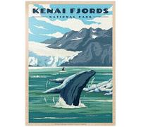 Kenai Fjords National Park - Whale's Haven in Nature, póster de viaje vintage - Rompecabezas premium de 1000 piezas para adultos