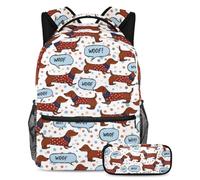 KengjuTesu Juego de 2 mochilas para niños y niñas, mochila escolar de gran capacidad "WOOF" Dachshund con estuche para lápices, mochila perfecta para estudiantes, adolescentes, viajes y senderismo,