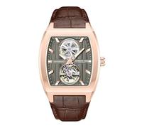 Kenneth Cole New York Reloj automático para hombre, esfera de esqueleto, caja curvada, estilo contemporáneo, Gris cálido - Correa de cuero marrón, Moderno