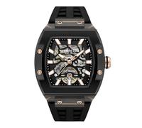Kenneth Cole New York Reloj automático para hombre, esfera de esqueleto, caja curvada, estilo contemporáneo, Negro/Oro Rosa - Silicona Negra, Mens Standard, Automático