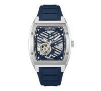 Kenneth Cole New York Reloj automático para hombre, esfera de esqueleto, caja curvada, estilo contemporáneo, Correa de silicona plateada y azul, Contemporáneo