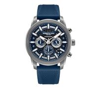 Kenneth Cole New York Reloj cronógrafo para hombre, caja de acero inoxidable de 44 mm con esfera azul, detalles de plomizo, visualización de fecha y correa de silicona azul