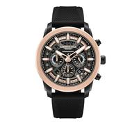 Kenneth Cole New York Reloj cronógrafo para hombre, caja de acero inoxidable de 44 mm con esfera negra, detalles de plomizo, visualización de fecha y correa de silicona negra