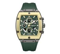 Kenneth Cole New York Reloj cronógrafo para hombre, caja Tonneau plomizo con esfera verde, bisel atornillado en tono dorado, indicador de fecha y correa de silicona verde