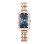Kenneth Cole New York Reloj rectangular de oro rosa para mujer, esfera azul con números romanos, caja de acero inoxidable, movimiento analógico de tres manecillas, elegante pulsera para uso diario y