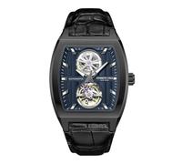 Kenneth Cole New York Reloj automático para hombre, esfera de esqueleto, caja curvada, estilo contemporáneo, Correa de cuero azul y negra