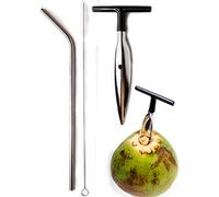 Ken's CocoMon Herramienta Abridor De Coco + Pajita De Acero Inoxidable Para Fruta Fresca Verde Joven Mango De Goma Negra Ez Fácil Agarre Seguro Con Pajitas De Acero Inoxidable (1 Copa + 1 Pajita)