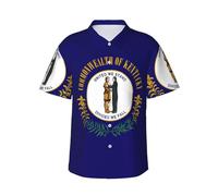 Kentucky State Flag Print Camisa Hawaiana Verano Playa Botón Down Manga Corta Camiseta para Fiesta Crucero, Negro , 3XL