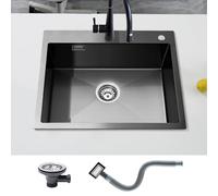 KEOKBON Fregadero de cocina de 60 x 50 cm, acero inoxidable, 1 cuenco, acero inoxidable con orificio para grifo, incluye colador de desagüe e instrucciones de montaje (idioma español no garantizado)