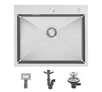 Keokbon - Fregadero de cocina de acero inoxidable 304 hecho a mano, 60 x 50 x 19 cm, con escurridor, 1 tazón, plateado cepillado satinado