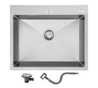 KEOKBON Fregadero de cocina rectangular de 60 x 50 cm, de acero inoxidable, con manguera de desagüe y sifón, con orificio de rebosadero, 2 agujeros de fijación (35 mm, 28 mm)
