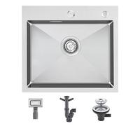 KEOKBON Fregadero rectangular de 50 x 45 cm, con orificio de rebosadero y válvula de cesta colador, acero inoxidable 304, fregadero de cocina individual con 2 agujeros