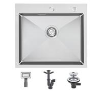 KEOKBON Fregadero rectangular de 55 x 50 cm, con orificio de rebosadero y válvula de cesta colador, acero inoxidable 304, fregadero de cocina individual con 2 agujeros