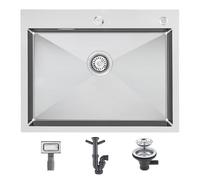 KEOKBON Lavabo de 65 x 50 x 19 cm, hecho a mano, en acero inoxidable 304, con orificio para grifo de 28 mm, con juego de desagüe, 1 lavabo de acero