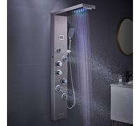 KEOKBON Panel de ducha LED con chorros de masaje, ducha de lluvia, cascada, alcachofa de mano, caño para bañera, salida de 5 modos, montaje en pared, panel de ducha de acero inoxidable cepillado 304