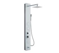 KEOKBON Panel de torre de ducha 4 en 1 de 130 cm, cristal blanco y acero | Cabezal de lluvia cuadrado de 20 x 20 cm, chorro de masaje ajustable, grifo de bañera, spray de mano, vidrio templado