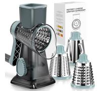 KEOUKE Rallador giratorio de queso con manivela transparente - Trituradora de 3 cuchillas de acero inoxidable, succión estable, mango que ahorra trabajo, herramienta de cocina segura para queso