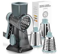 KEOUKE Rallador giratorio de queso con manivela transparente - Trituradora de 3 cuchillas de acero inoxidable, succión estable, mango que ahorra trabajo, herramienta de cocina segura para queso