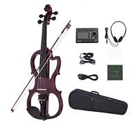 KEPOHK Violín eléctrico silencioso de madera maciza de tamaño completo 4/4, cuerpo de arce, clavijas para diapasón de ébano, reposabrazos, Borgoña