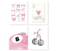 Kepuarm 4 piezas de arte para decoración de pared, coqueta y preparación, lazo rosa, 8 bolas, bola de discoteca, cerezo (8 x 10 pulgadas, rosa sin marco)