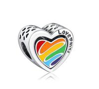 KEQ Abalorio de plata de ley S925 con diseño de corazón arcoíris LGBTIQ para pulseras y collares Pandora, mini, Plata, No es una piedra preciosa