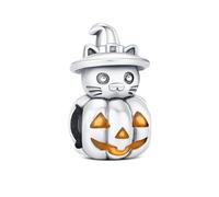 KEQ Charms Abaloriosde Cuentas Manzana Bruja Venenosa Plata de Ley 925 con Circonita Cúbica Halloween Skull Pumpkin Colgante con Mujer Europeo Pulsera Collar (Calabaza Gato Negro)