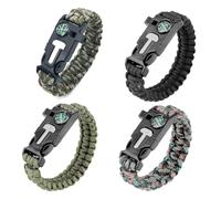 KEQAR 4 Pulseras de Supervivencia 5-en-1 con Pedernal, Silbato, Brújula, Raspador, Cuerda Paracord, para Senderismo, Camping, Emergencias (26cm x 2.5cm) (4 Colores)