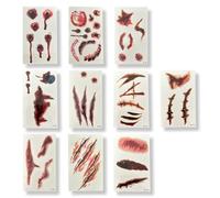 KEQAR Set de 10 Piezas Disfraces Carnaval con Tatuajes Faciales, Accesorios Zombie, Dientes Vampiro para el Rostro, Heridas y Cicatrices Temporales, Props Espeluznante, Pegatinas Halloween