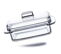 Kerafactum Mantequera de cristal de alta calidad, clásica, caja de mantequilla, con tapa, campana para mantequilla fresca, queso, transparente, rectangular, con asa, recipiente para mantequilla, apto