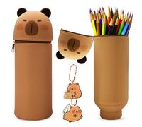 KERANEET Capybara Kawaii Trousse en Silicone 2 en 1 - Trousse à Crayons de Couleur - Marqueur pour Filles et garçons - Pour l'école, le Bureau, Les animaux, Marron, Kawaii