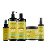 Kerargan - Set Completo Protección UV con Aceite de Marula para Cabello Seco y Teñido - Champú, Acondicionador, Mascarilla, Suero y 17en1 - Sin sulfatos, OGM ni aceites minerales - 3x500 ml + 2x100 ml