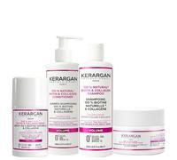 Kerargan - Set Voluminizador Champú, Acondicionador, Mascarilla & Suero con Biotina y Colágeno - Cabello Fino, Lacio y Apagado - Brillo y Volumen Intensos - Sin Sulfatos ni OGM - 3x250ml + 1x50ml